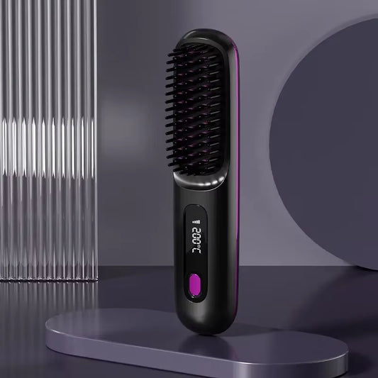 Wireless Portable Electric LCD Ceramic Hair Straightening Brush with Negative Ion Technology - Rechargeable Styling Tool